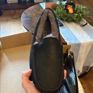 UGG Black Leather Slip-On with Gray Shearling Lining